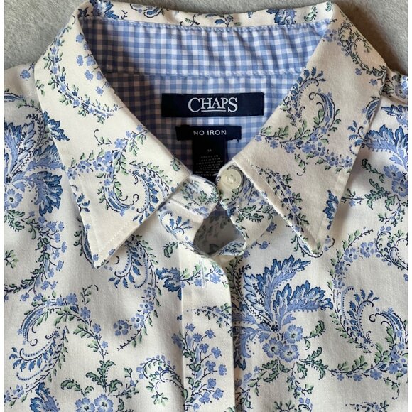 Chaps Black Label Womens M No Iron Blue White Floral Button Shirt Logo Buttons - Picture 12 of 16